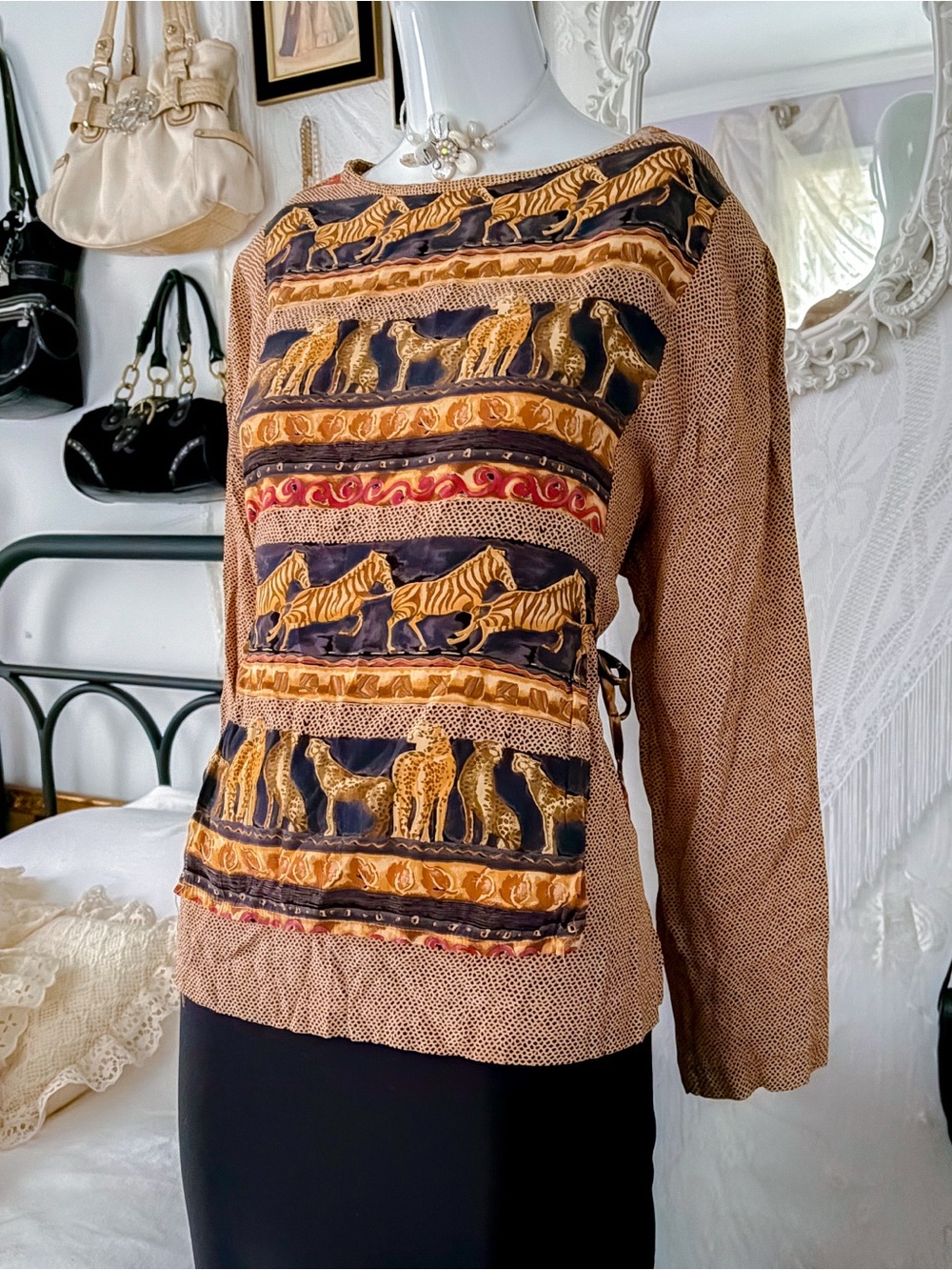 Vintage retro safari cheetah multicolor blouse - Picture 2 of 6